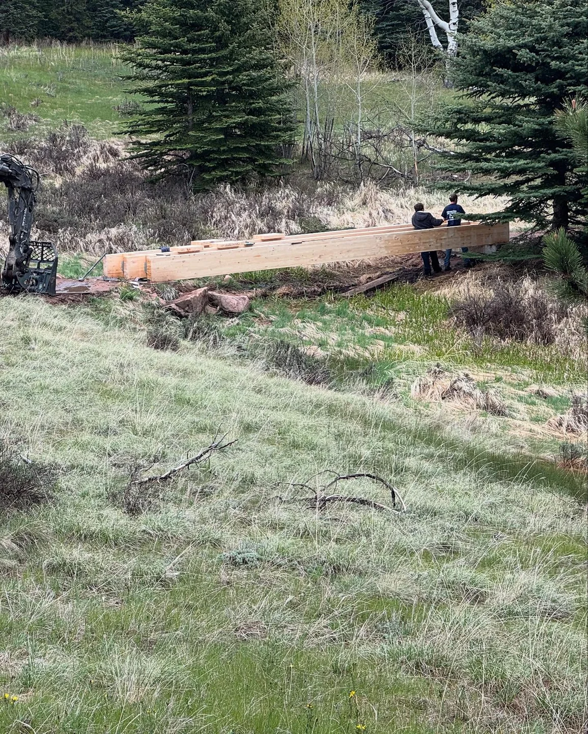 Earthwork and equipment on a grassy property bordered by trees