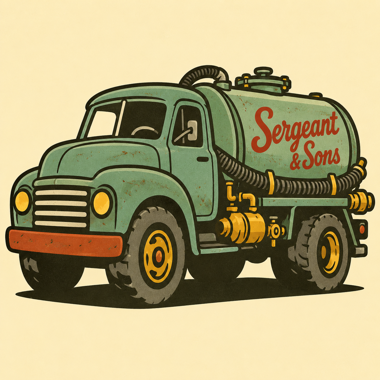 Vintage green Sergeant & Sons septic pumping truck illustration
